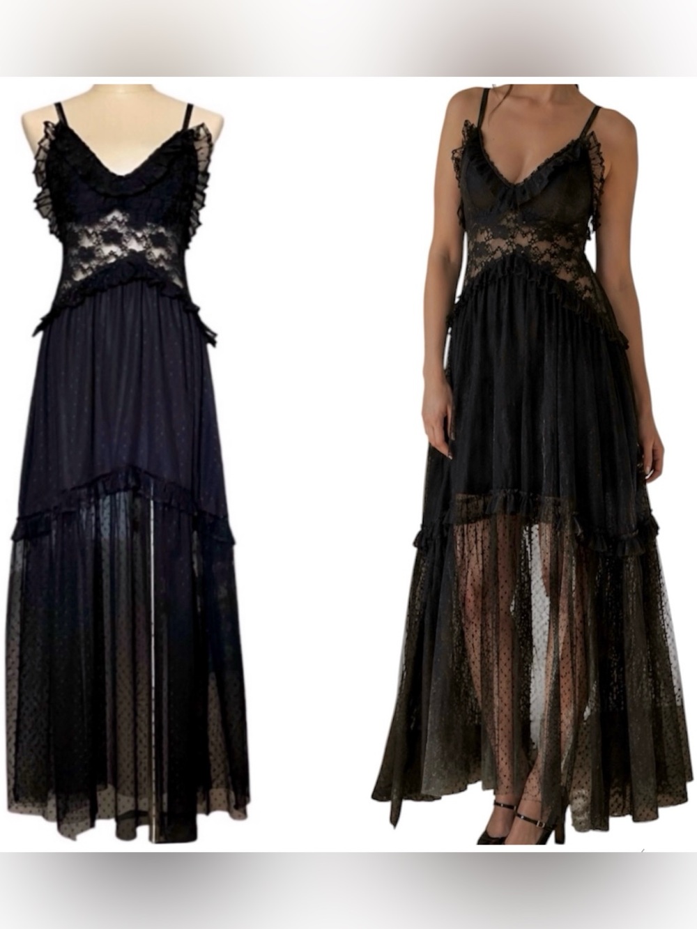Rehab Sheer Lace Mesh Tulle Maxi Dress Goth Victorian Tiered Swiss Dot Large